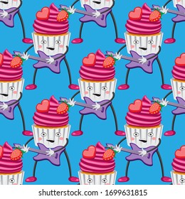 Seamless cake pattern with guitar cartoon on blue background. Vector image eps 10