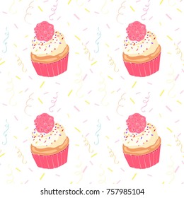 Seamless cake pattern isolated on White background. Vector illustration. Hand drawn cupcakes seamless pattern. Print for bakery.