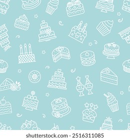 Seamless cake pattern on turquoise background. Vector illustration