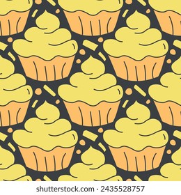 Seamless cake pattern. Sweets and candy background. Doodle illustration with sweets and candy icons	