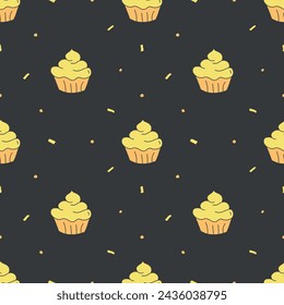 Seamless cake pattern. Sweets and candy background. Doodle illustration with sweets and candy icons	