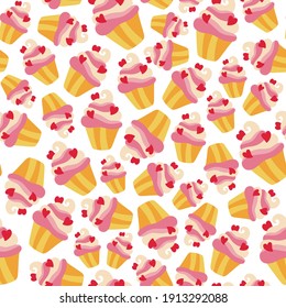 Seamless cake pattern. Vector illustration for background. Texture of sweet cupcakes in cartoon style.