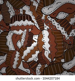 Seamless cakes pattern. Abstract backdrop for girls, wrapping paper. Food elements colorful repeated wallpaper on brown, white and black. Vector illustration.