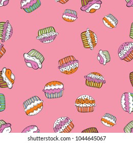Seamless cakes pattern. Abstract backdrop for girls, wrapping paper. Food elements colorful repeated wallpaper on pink, white and black. Vector illustration.