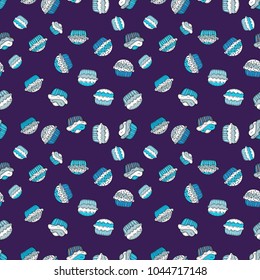 Seamless cakes pattern. Abstract backdrop for girls, wrapping paper. Food elements colorful repeated wallpaper on violet, blue and white. Vector illustration.