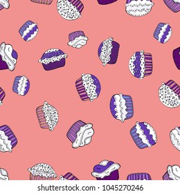 Seamless cakes pattern. Abstract backdrop for girls, wrapping paper. Food elements colorful repeated wallpaper on pink, white and neutral. Vector illustration.