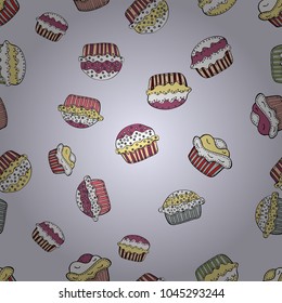 Seamless cakes pattern. Abstract backdrop for girls, wrapping paper. Food elements colorful repeated wallpaper on gray, white and yellow. Vector illustration.