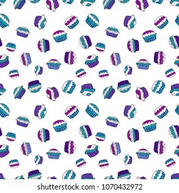 Seamless cakes pattern. Abstract backdrop for girls, wrapping paper. Food elements colorful repeated wallpaper on white, blue, violet, black and purple. Vector illustration.