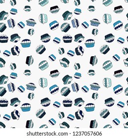Seamless cakes pattern. Abstract backdrop for girls, wrapping paper. Vector illustration. Food elements colorful repeated wallpaper on neutral, blue and white.