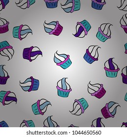 Seamless cakes pattern. Food elements colorful repeated wallpaper on white, blue and black. Vector illustration. Abstract backdrop for girls, wrapping paper.