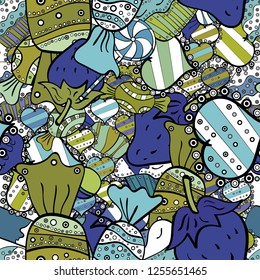 Seamless cakes pattern. Raster illustration. Food elements colorful repeated wallpaper on black, white and neutral. Abstract backdrop for girls, wrapping paper.