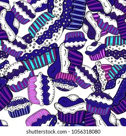 Seamless cakes pattern. Vector illustration. Abstract backdrop for girls, wrapping paper. Food elements colorful repeated wallpaper on white, blue, black, purple and violet.