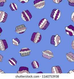 Seamless cakes pattern. Vector illustration. Food elements colorful repeated wallpaper on blue, white and neutral. Abstract backdrop for girls, wrapping paper.