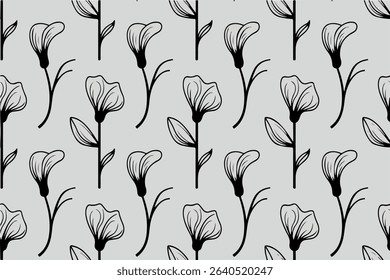 Seamless California Poppy Illustration. Black and White California Poppy Pattern. Monochrome Floral Background. 2D California Poppy Repeat Design. Printable Poppy Outline Pattern