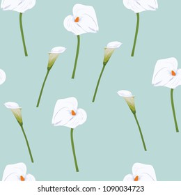 Seamless calla lilies flower background, elegant fashion colorful pattern with flowers. Vintage blue colors backdrop.