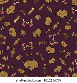 Seamless Calligraphic text and special trendy love heart design for Happy Valentine':s day vintage, card, poster background. Romantic background on purple, beige and violet colors. Vector illustration