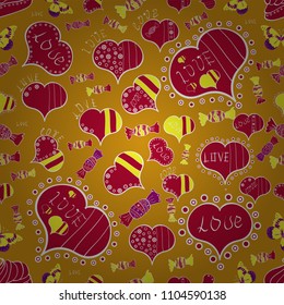Seamless Calligraphic text and special trendy love heart design for Happy Valentine':s day vintage, card, poster background. Romantic background on yellow, red and white colors. Vector illustration.