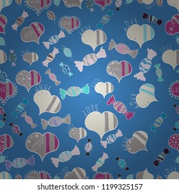 Seamless Calligraphic text and special trendy love heart design for Happy Valentine':s day vintage, card, poster background. Romantic background on blue, gray and neutral colors. Vector illustration.