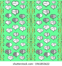Nahtloser kalligrafischer Text und besondere trendige Liebe Herz Design für Happy Valentine's Day Vintage, Karte, Poster Hintergrund. Romantischer Hintergrund auf Grün, Grau und Weiß. Vektorgrafik.