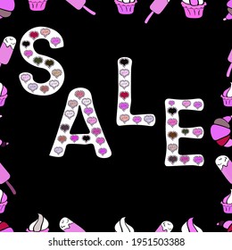 Seamless. Of calligraphy summer sale, favourite brands. Friday, magic sale, logotype, print, text for sell out, closeout, giveaway, promo of fashion. Lettering in black, white and pink colors. Vector.