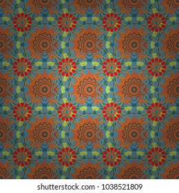 Seamless calming pattern. Curved doodling mehndi motif in orange, green and blue colors. Indifferent discreet. Ethnic colorful harmonious doodle texture. Vector mehendi design.