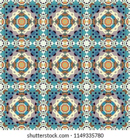 Seamless calming pattern. Curved doodling mehndi motif in blue, gray and beige colors. Ethnic colorful harmonious doodle texture. Vector mehendi design. Indifferent discreet.