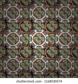 Seamless calming pattern. Curved doodling mehndi motif in blue, brown and gray colors. Indifferent discreet. Ethnic colorful harmonious doodle texture. Vector mehendi design.