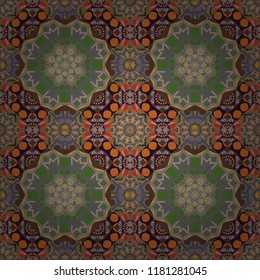 Seamless calming pattern. Curved doodling mehndi motif in brown, gray and orange colors. Vector mehendi design. Indifferent discreet. Ethnic colorful harmonious doodle texture.
