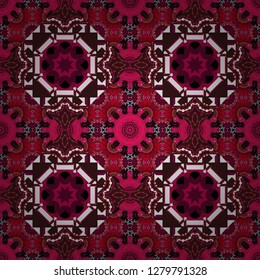 Seamless calming pattern. Curved doodling mehndi motif in brown, purple and red colors. Indifferent discreet. Vector mehendi design. Ethnic colorful harmonious doodle texture.