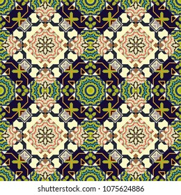 Seamless calming pattern. Ethnic colorful harmonious doodle texture. Indifferent discreet. Vector mehendi design. Curved doodling mehndi motif in beige, black and blue colors.