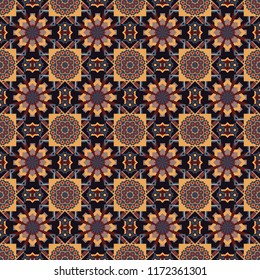 Seamless calming pattern. Ethnic colorful harmonious doodle texture. Curved doodling mehndi motif in orange, black and blue colors. Indifferent discreet. Vector mehendi design.