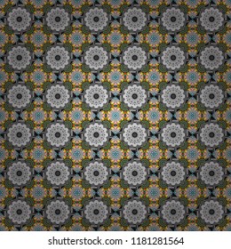 Seamless calming pattern. Ethnic colorful harmonious doodle texture. Indifferent discreet. Vector mehendi design. Curved doodling mehndi motif in blue, beige and gray colors.