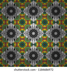 Seamless calming pattern. Ethnic colorful harmonious doodle texture. Vector mehendi design. Curved doodling mehndi motif in gray, brown and green colors. Indifferent discreet.