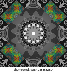 Seamless calming pattern. Ethnic colorful harmonious doodle texture. Indifferent discreet. Vector mehendi design. Curved doodling mehndi motif in blue, gray and brown colors.