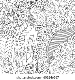 seamless calming pattern. Mehndi design. Ethnic monochrome doodle texture. Curved doodling black and white background. Vector.