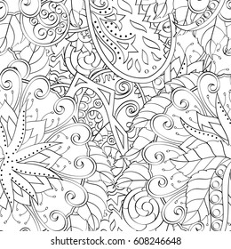 seamless calming pattern. Mehndi design. Ethnic monochrome doodle texture. Curved doodling black and white background. Vector.