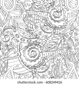 seamless calming pattern. Mehndi design. Ethnic monochrome doodle texture. Curved doodling black and white background. Vector.