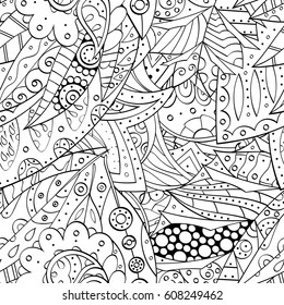 seamless calming pattern. Mehndi design. Ethnic monochrome doodle texture. Curved doodling black and white background. Vector.