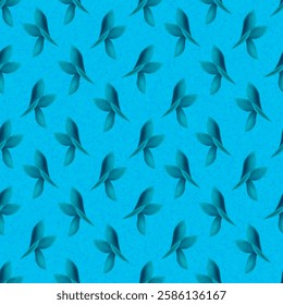 Seamless calming pattern with stylized, abstract leaf shapes in varying shades of turquoise.