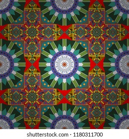 Seamless calming pattern. Vector mehendi design. Indifferent discreet. Curved doodling mehndi motif in green, brown and blue colors. Ethnic colorful harmonious doodle texture.