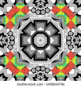 Seamless calming pattern. Vector mehendi design. Curved doodling mehndi motif in gray, green and pink colors. Ethnic colorful harmonious doodle texture. Indifferent discreet.