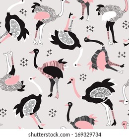 Seamless camel birds ostrich modern illustration background pattern in vector