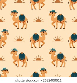 Camelo sem costura Desert Pattern - Cute Cartoon Camel com chapéu e pôr do sol em Boho Safari Style