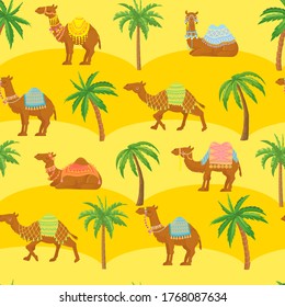Seamless camel pattern. Cute cartoon camels in desert among sand dunes and palm trees. Egyption tribal vector wallpaper texture. Arabian dromedary characters for fabric print,