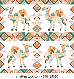 Seamless camel pattern made from flowers, leaves in the bohemian style. Animal print, repeat tribal pattern. Arabic, indian, turkish printable motive for fabric, background, pattern fills, etc. Vector