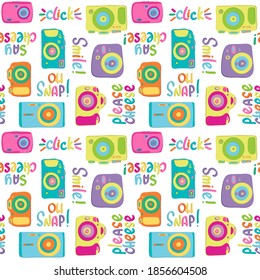Seamless camera and lettering pattern. Hand drawn retro colorful photos and phrases smile please say cheese, oh snap Take a good shot.