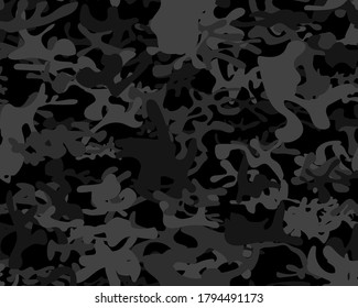 Seamless Camo Brush. Black Camo Paint. Army Gray Canvas. Modern Gray Pattern. Dirty Repeat Pattern. Woodland Vector Camouflage. Digital Dark Camouflage Seamless Paint. Vector Military Camoflage.