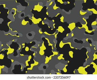 Seamless camo dark background yellow spots vector trendy texture, street design.