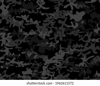 Seamless Camo Paint. Urban Camo Paint. Army Black Canvas. Camo Hunter Black Pattern. Dark Fabric Pattern. Gray Woodland Vector Camouflage. Digital Camouflage Seamless Print. Vector Military Background