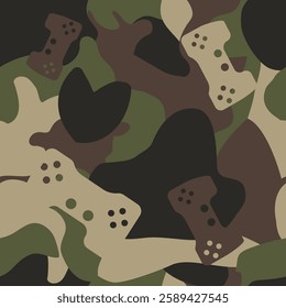 Seamless camo pattern with joystick. Brown, cream, green, black, military, game, tactical, shooting, war. Vector
